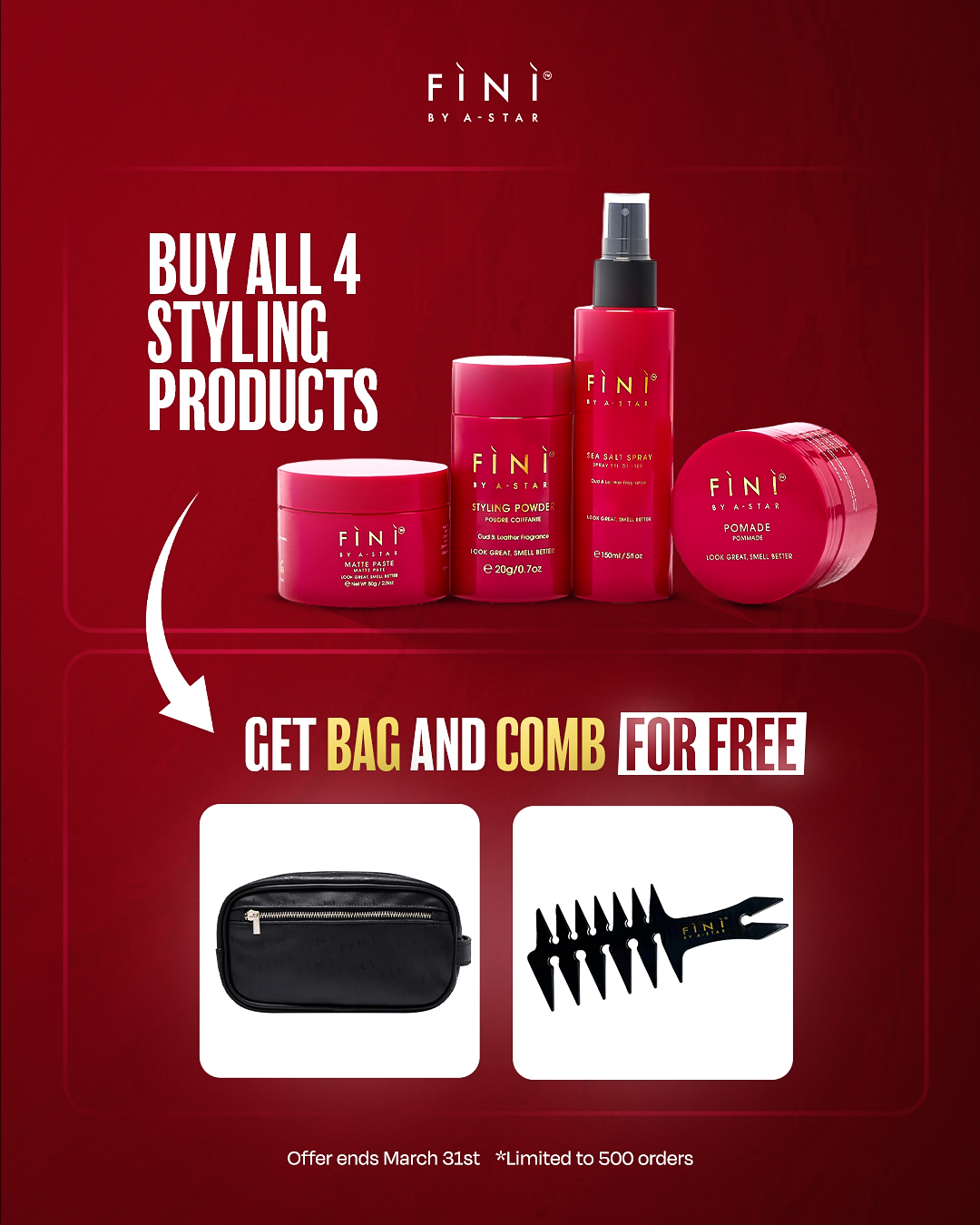 Buy all 4 Products get Bag & Comb FREE